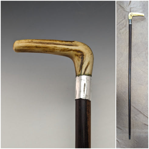 1900年頃 英国アンティーク 紳士用ステッキ 純銀装飾アントラーハンドル ブラウンシャフト 85.5cm